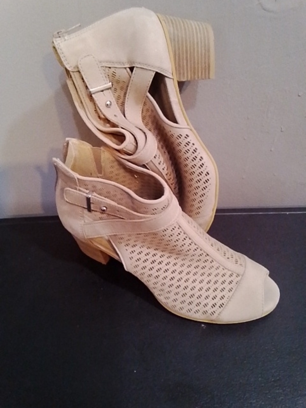 Earth Beige Perforated Open-Toe Stacked Heel Booties